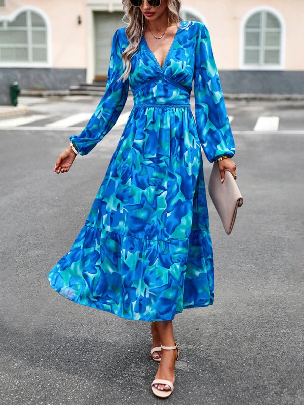 Women's resort casual printed V - neck long - sleeved dress - Casual Dress