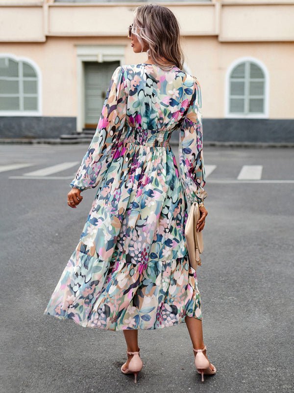 Women's resort casual printed V - neck long - sleeved dress - Casual Dress