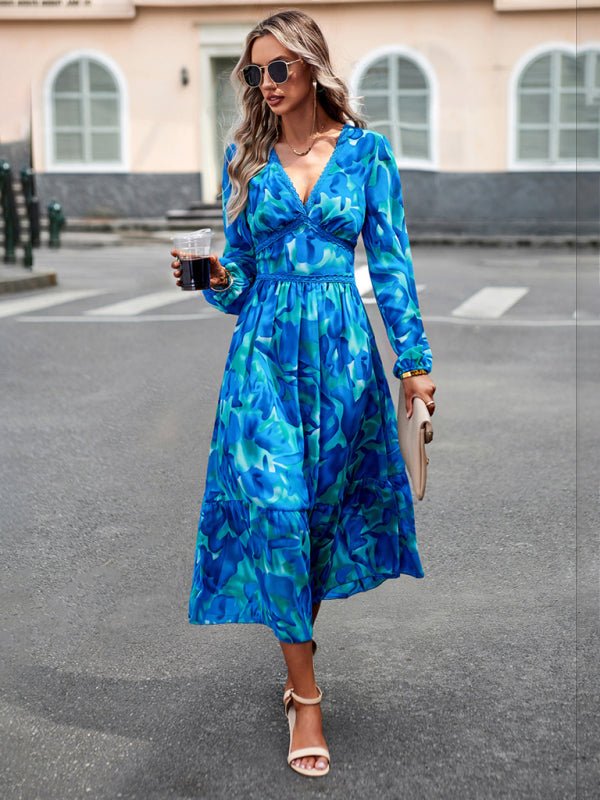 Women's resort casual printed V - neck long - sleeved dress - Casual Dress