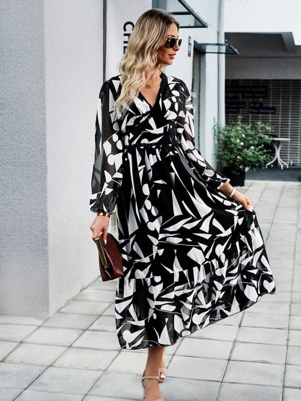 Women's resort casual printed V - neck long - sleeved dress - Casual Dress