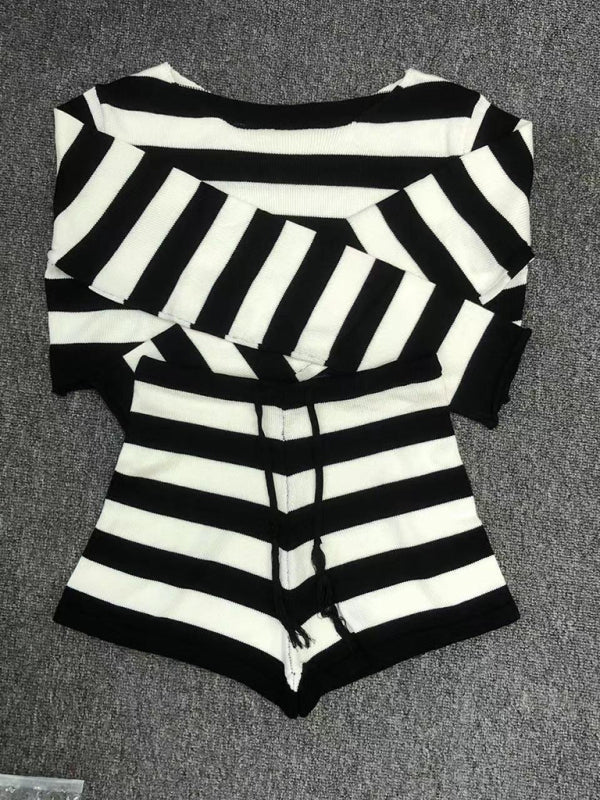 Women's resort casual striped knitted midriff - baring sexy shorts set - Short Suit
