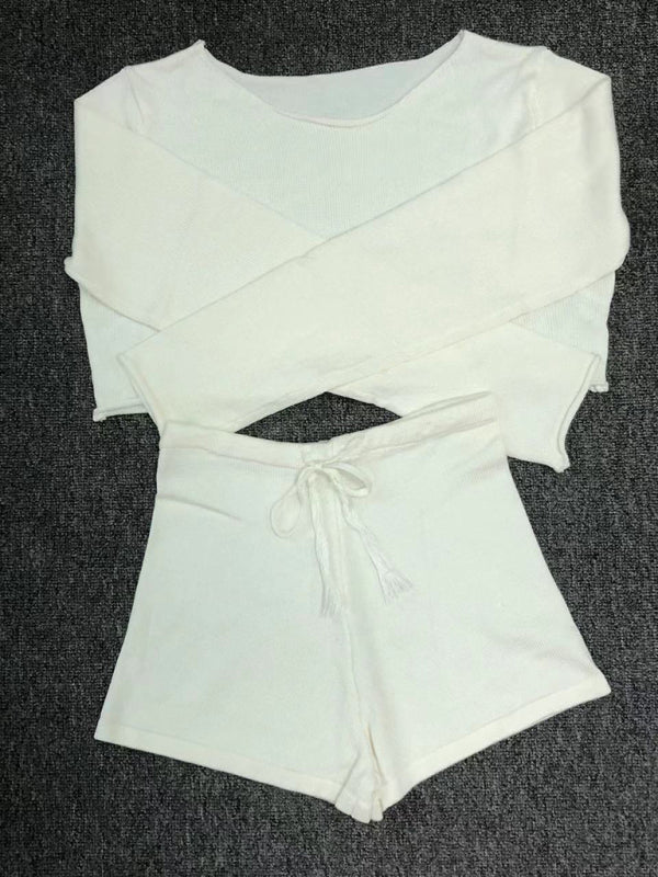 Women's resort casual striped knitted midriff - baring sexy shorts set - Short Suit