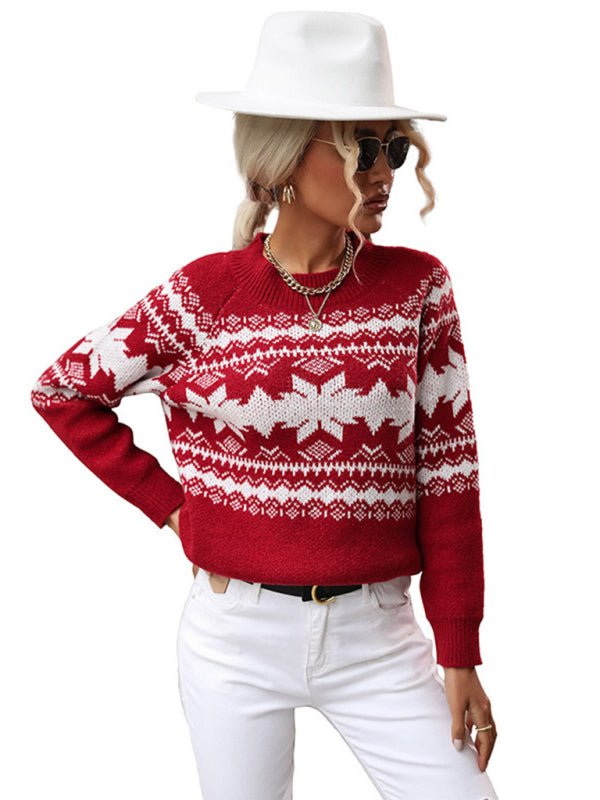 Women's Round Neck Red Knitted Christmas Snowflake Sweater - Outerwear