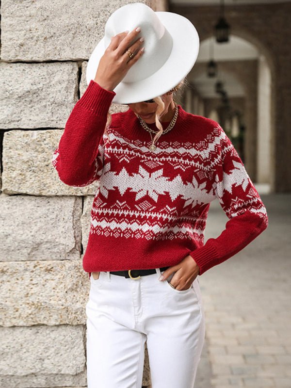 Women's Round Neck Red Knitted Christmas Snowflake Sweater - Outerwear