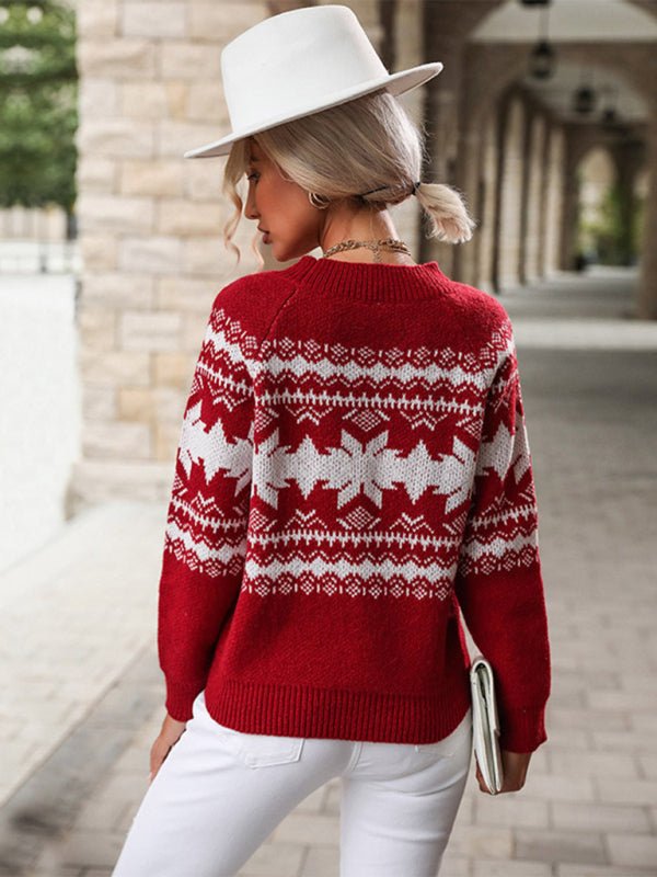 Women's Round Neck Red Knitted Christmas Snowflake Sweater - Outerwear