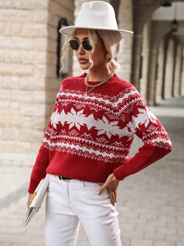 Women's Round Neck Red Knitted Christmas Snowflake Sweater - Outerwear
