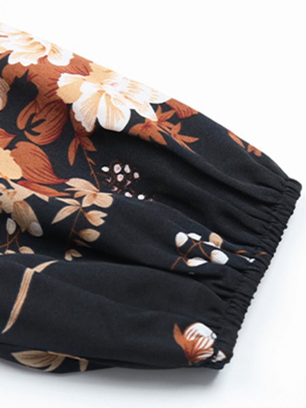 Women's Ruffle Belt Printed Autumn Dress - Day Dress