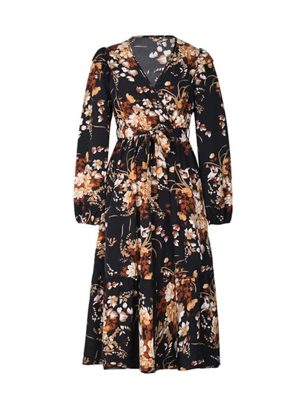 Women's Ruffle Belt Printed Autumn Dress - Day Dress
