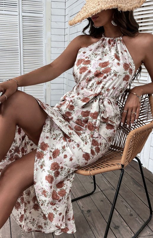 Women's Seaside Resort Slip Dress Halter Floral Print White Dress - Vacation Dress