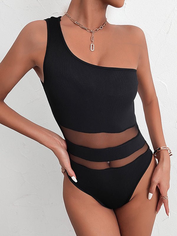Women's sexy solid color tight mesh sleeveless one - shoulder jumpsuit - Jumpsuit