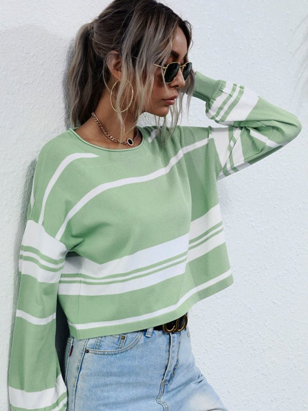 women's short knitted bottoming striped green sweater - Outerwear