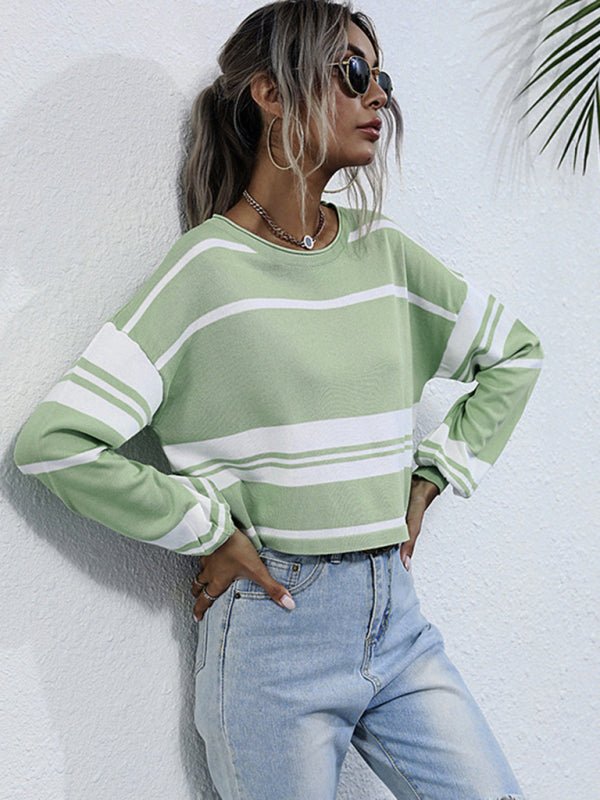 women's short knitted bottoming striped green sweater - Outerwear