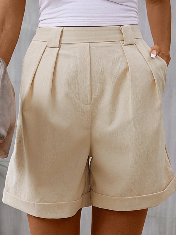 Women's simple casual solid color rolled hem high waist suit shorts - Bottoms