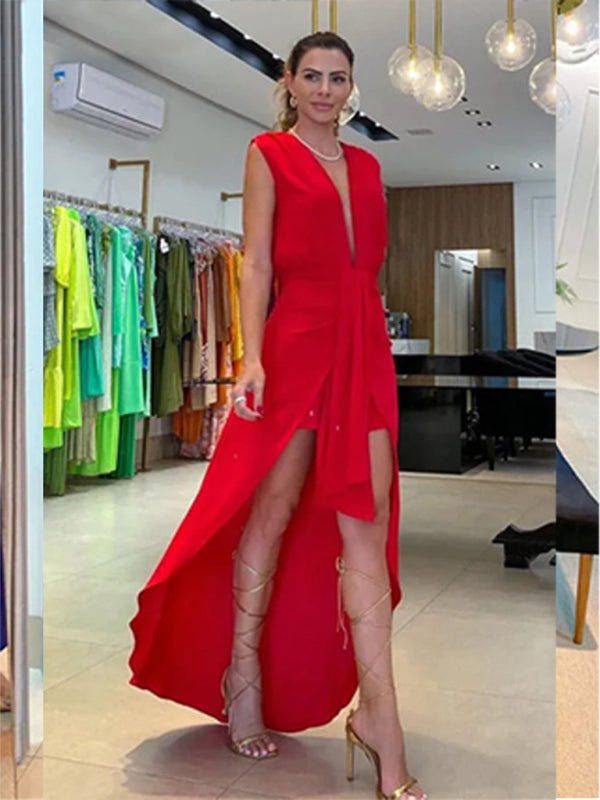 Women's simple new deep V - neck sleeveless double layer dress - Formal Dress
