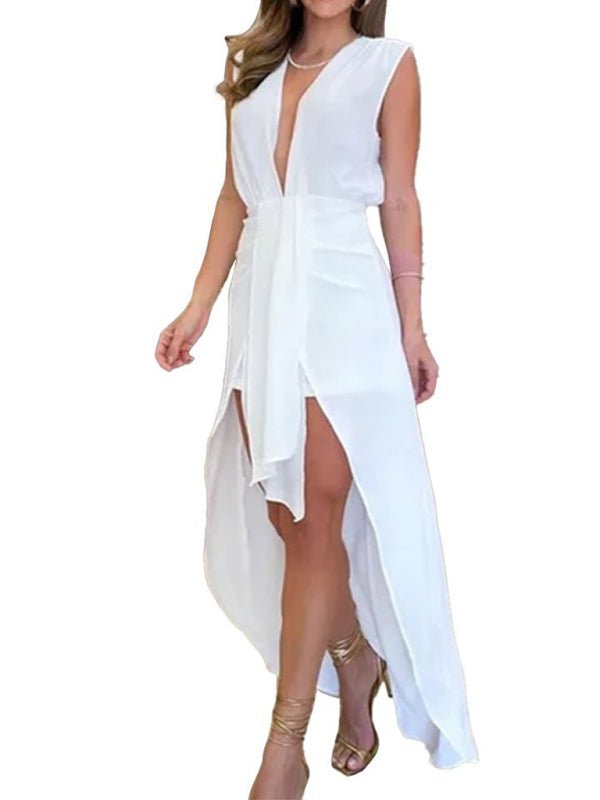 Women's simple new deep V - neck sleeveless double layer dress - Formal Dress