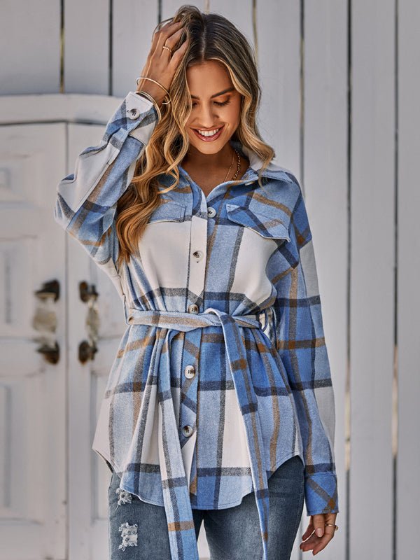 Women's single breasted casual plaid belt jacket - Outerwear