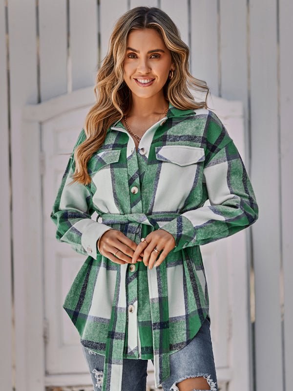 Women's single breasted casual plaid belt jacket - Outerwear