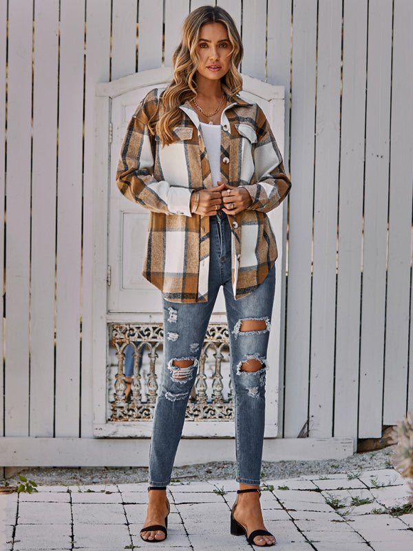 Women's single breasted casual plaid belt jacket - Outerwear
