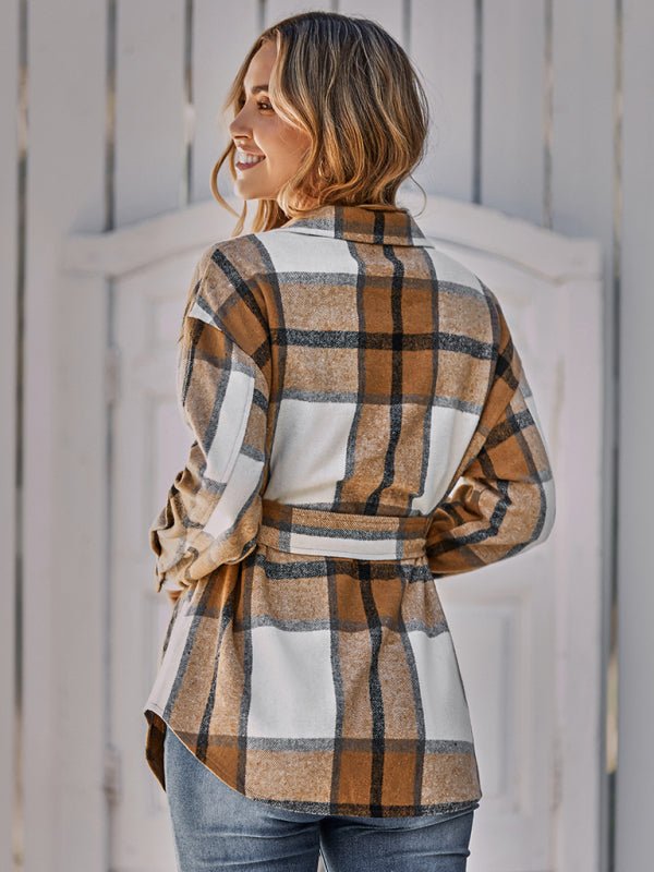 Women's single breasted casual plaid belt jacket - Outerwear