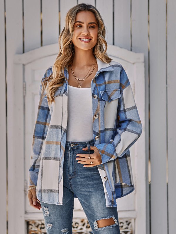 Women's single breasted casual plaid belt jacket - Outerwear