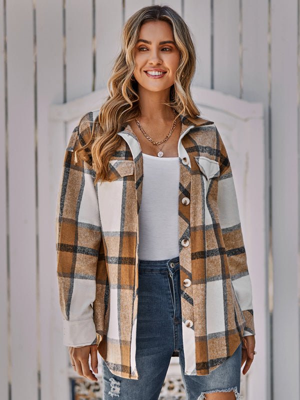 Women's single breasted casual plaid belt jacket - Outerwear
