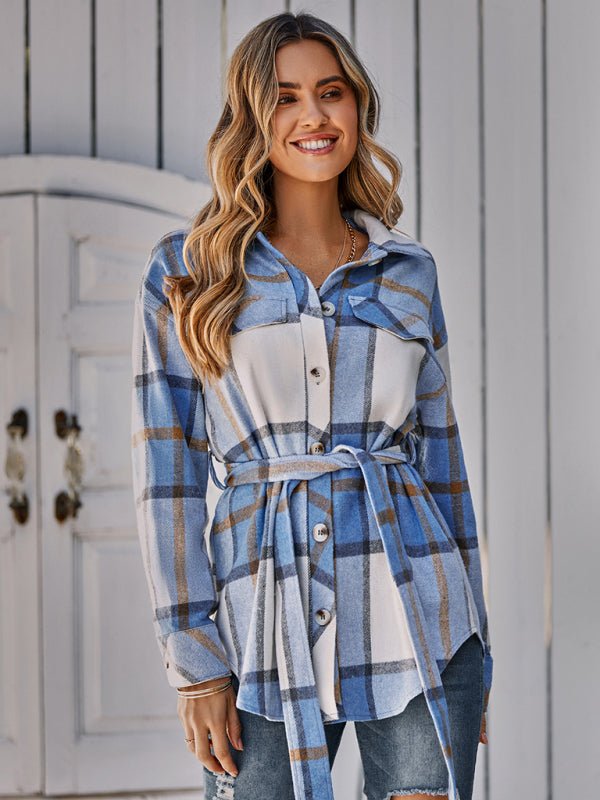 Women's single breasted casual plaid belt jacket - Outerwear