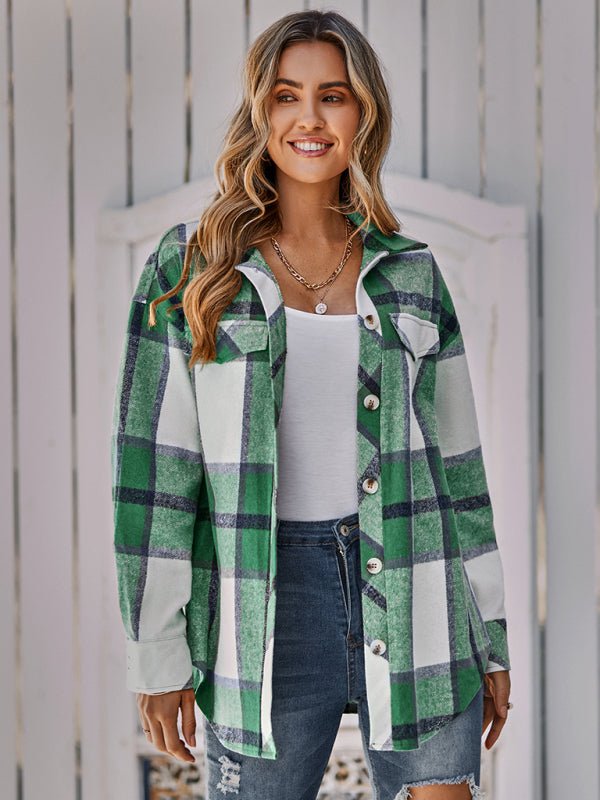 Women's single breasted casual plaid belt jacket - Outerwear