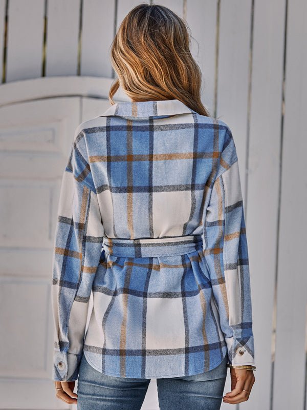 Women's single breasted casual plaid belt jacket - Outerwear