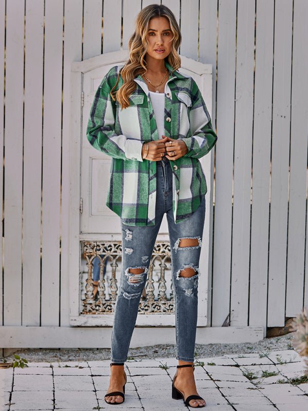 Women's single breasted casual plaid belt jacket - Outerwear