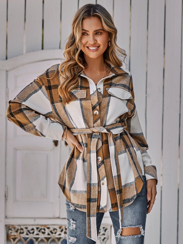 Women's single breasted casual plaid belt jacket - Outerwear