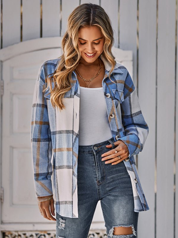 Women's single breasted casual plaid belt jacket - Outerwear