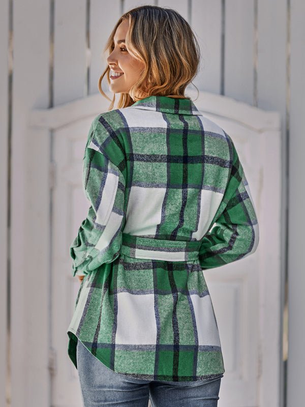 Women's single breasted casual plaid belt jacket - Outerwear