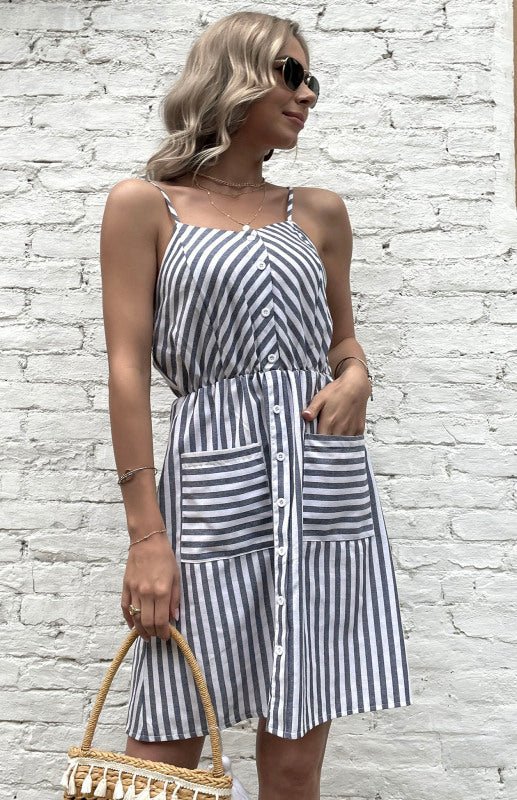 Women's Slip Dress Grey Striped Cotton Linen Dress - Casual Dress