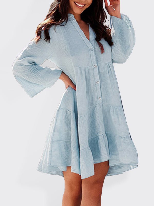 Women's Solid color bell sleeve long sleeve dress - Vacation Dress