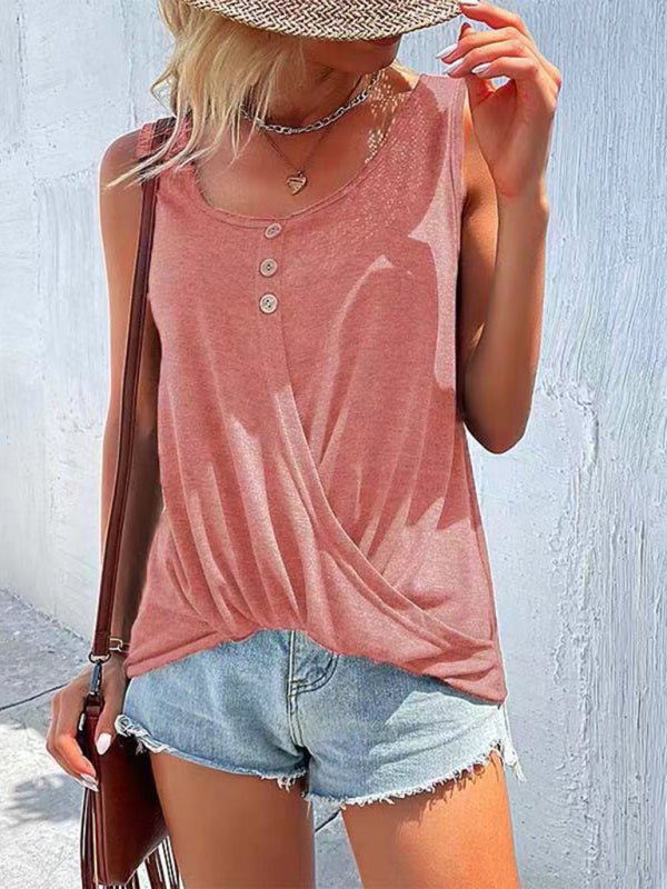 Women's Solid Color Button Knot Crewneck Tank Top - Top