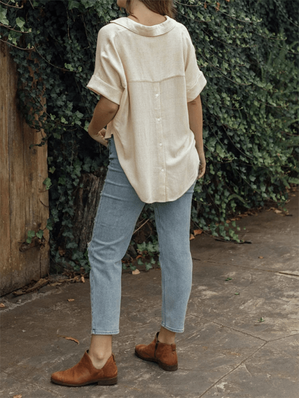 Women's solid color casual comfortable cotton and linen shirt - Top