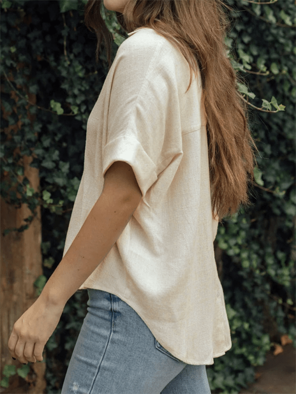 Women's solid color casual comfortable cotton and linen shirt - Top