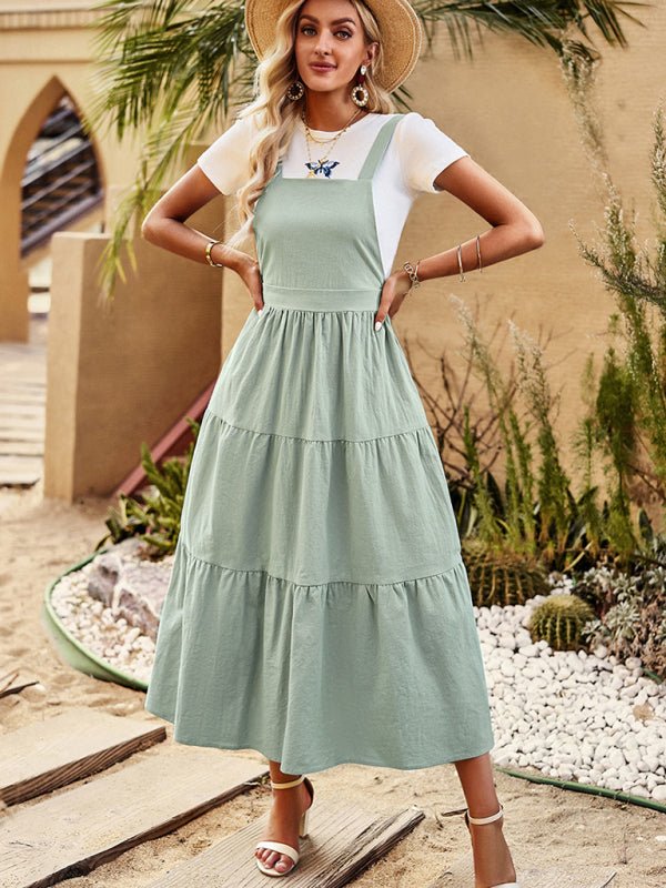 Women's solid color casual fashion suspender dress - Day Dress