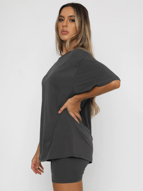 Women's solid color casual short - sleeved + shorts two - piece sets - Short Suit