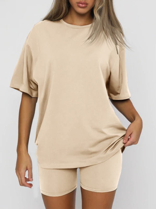 Women's solid color casual short - sleeved + shorts two - piece sets - Short Suit