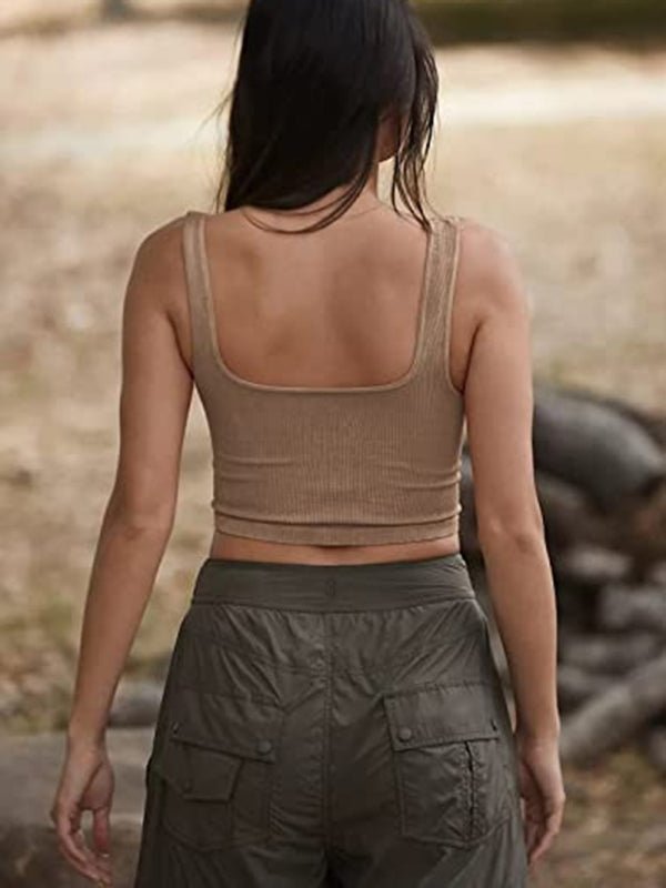 Women's solid color casual thread short vest - Top