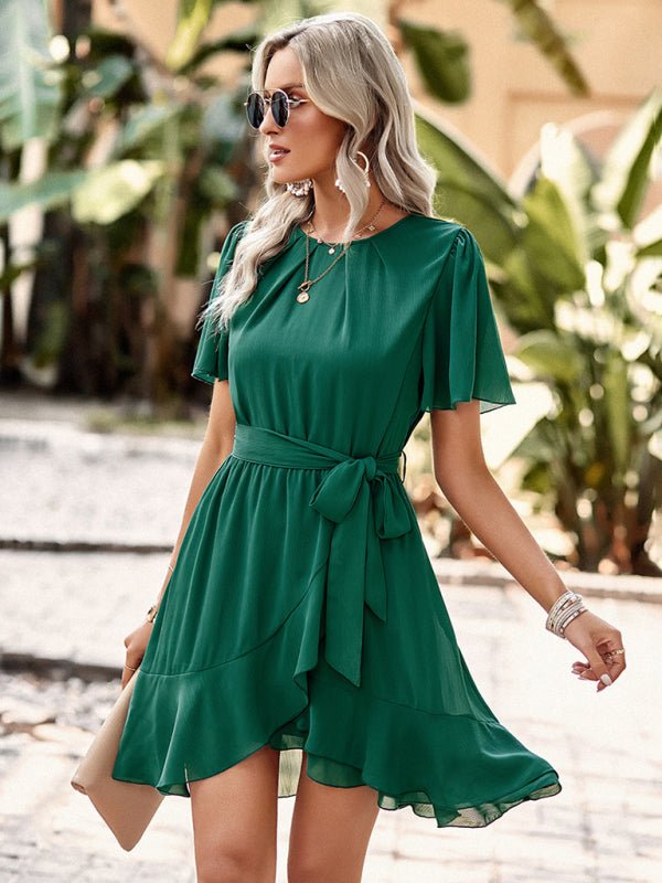 Women's Solid Color Elegant Round Neck Pleated Dress - Day Dress