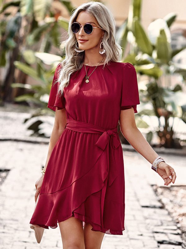 Women's Solid Color Elegant Round Neck Pleated Dress - Day Dress