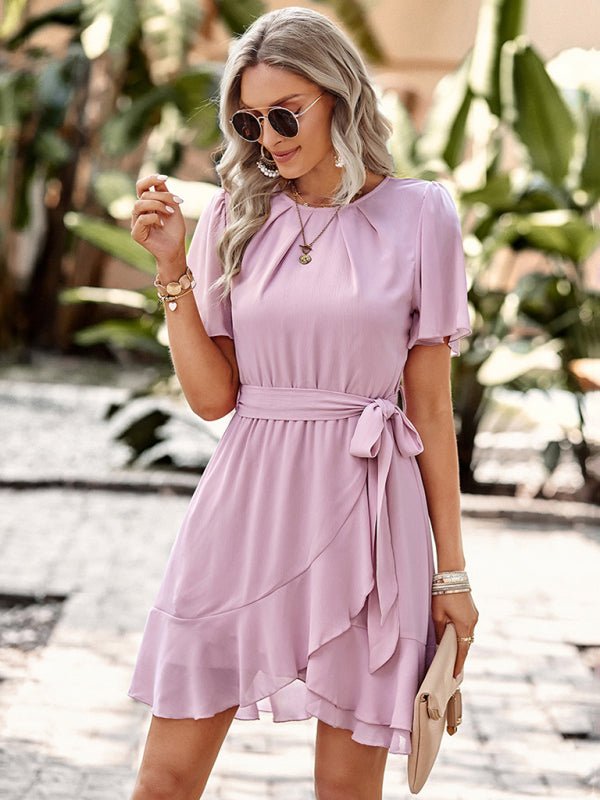 Women's Solid Color Elegant Round Neck Pleated Dress - Day Dress