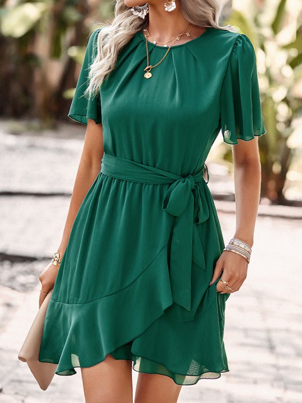 Women's Solid Color Elegant Round Neck Pleated Dress - Day Dress