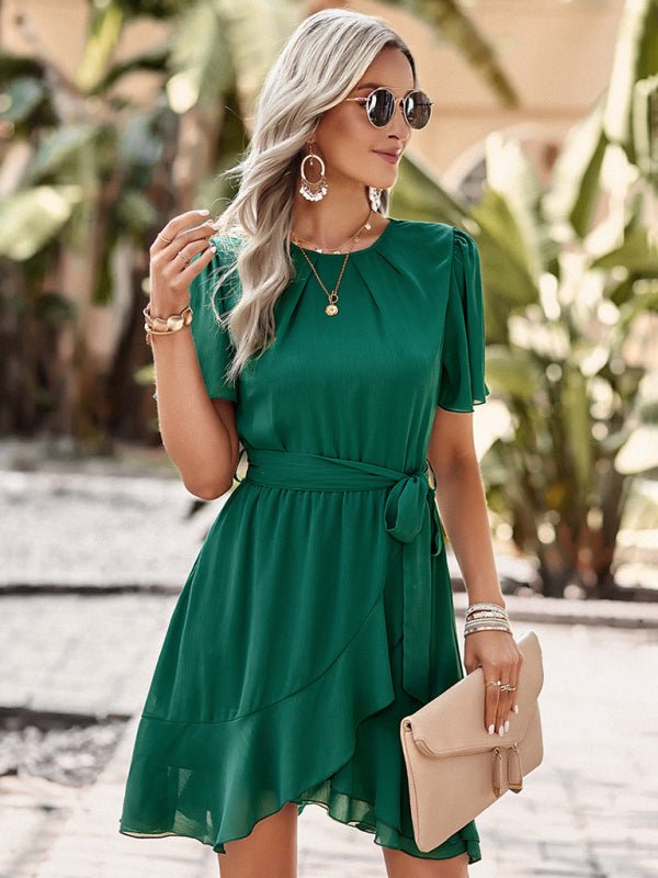 Women's Solid Color Elegant Round Neck Pleated Dress - Day Dress