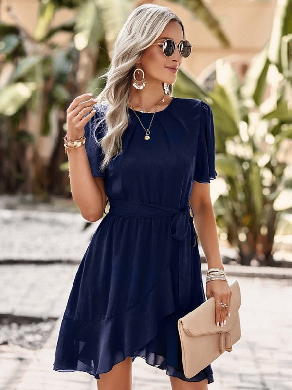 Women's Solid Color Elegant Round Neck Pleated Dress - Day Dress