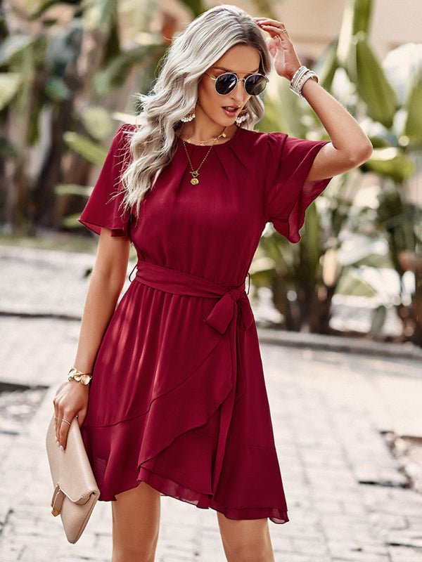 Women's Solid Color Elegant Round Neck Pleated Dress - Day Dress
