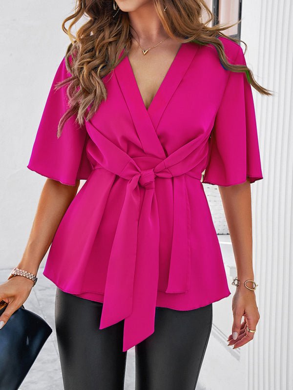 Women's solid color elegant short sleeve strappy tunic top - Top