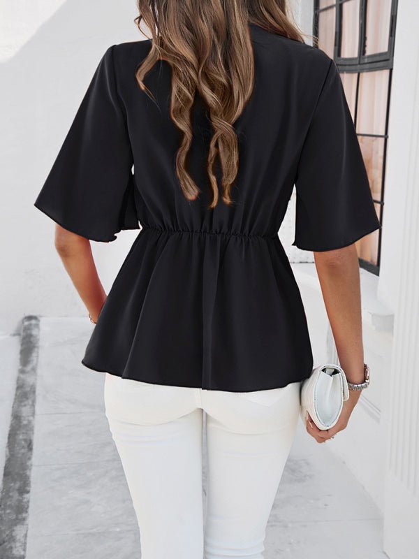 Women's solid color elegant short sleeve strappy tunic top - Top